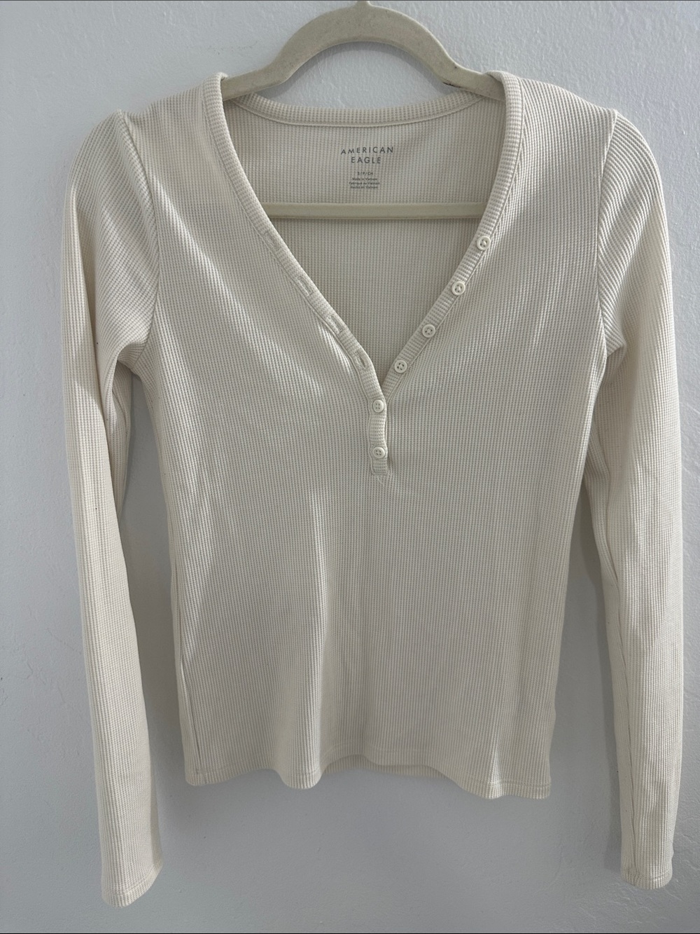 American Eagle Outfitters Cream Waffle Henley Long Sleeve Top